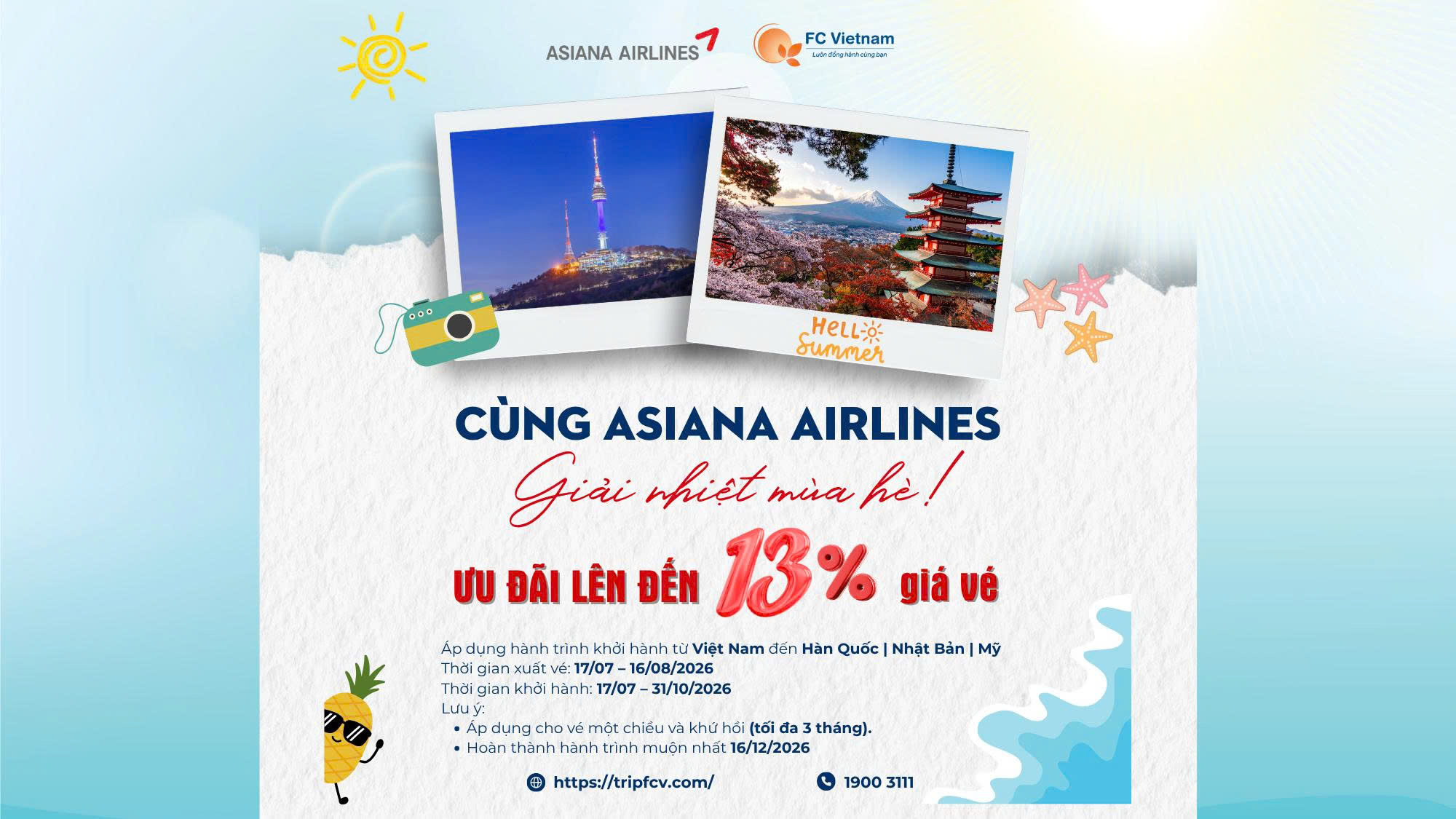 CÙNG ASIANA AIRLINES – GIẢI NHIỆT MÙA HÈ, GIẢM ĐẾN 13%!