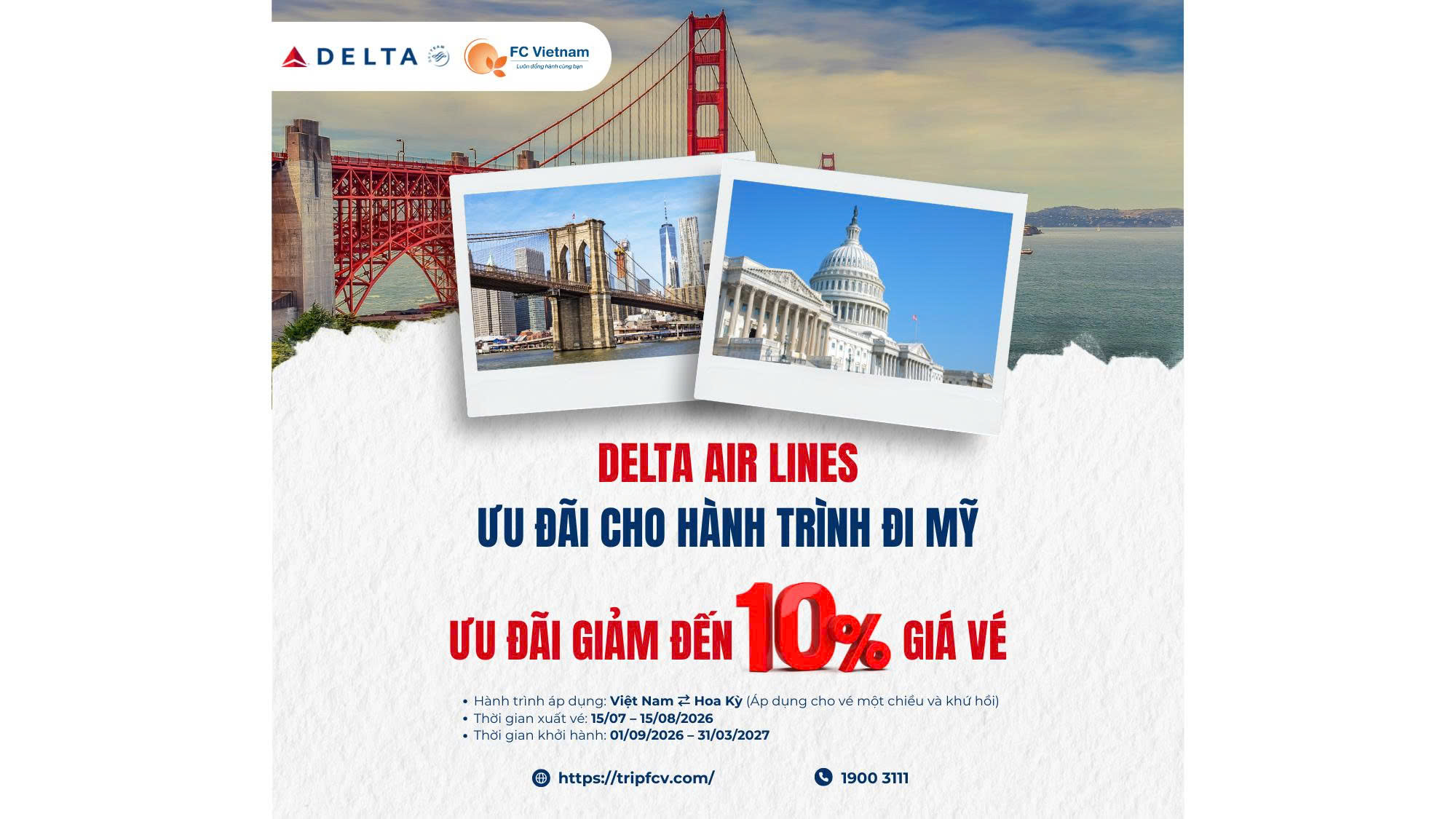 DELTA AIR LINES | ƯU ĐÃI GIẢM ĐẾN 10% CHO HÀNH TRÌNH ĐI MỸ