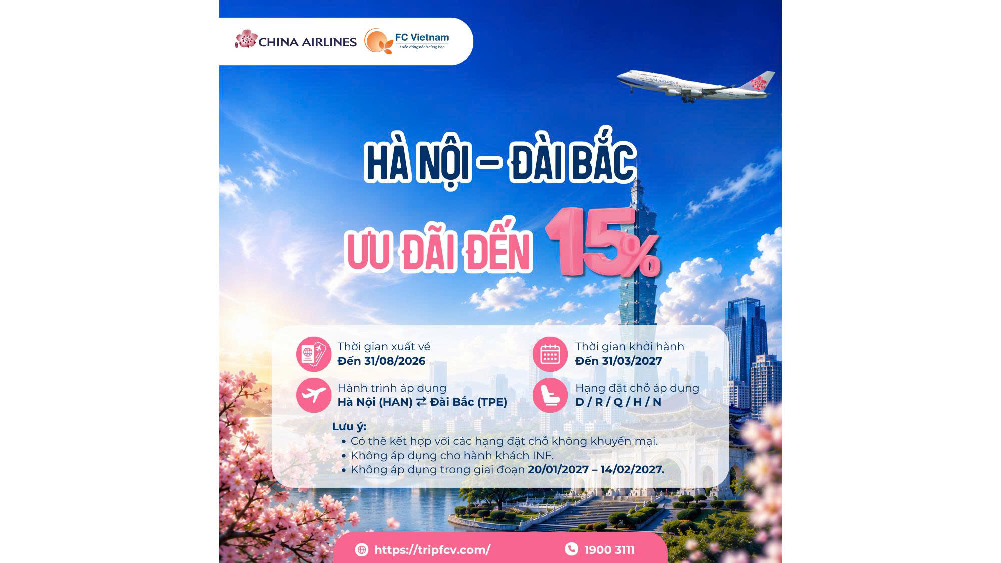 HÀ NỘI – ĐÀI BẮC: ƯU ĐÃI ĐẾN 15% CÙNG CHINA AIRLINES