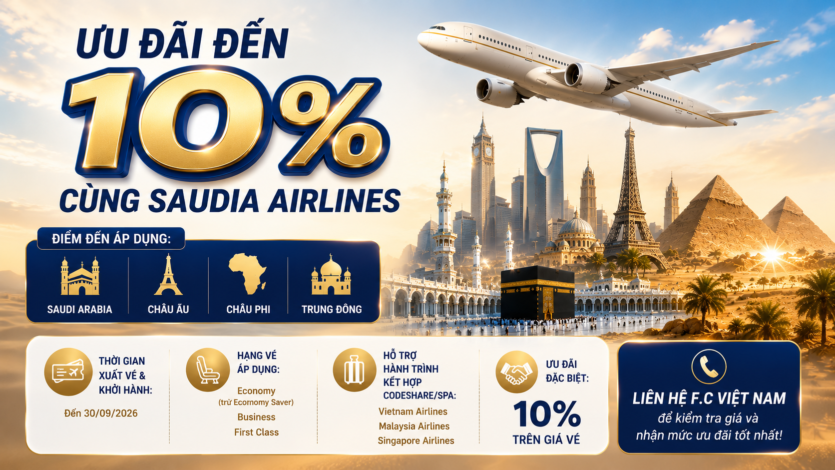 KHỞI HÀNH TỪ VIỆT NAM – ƯU ĐÃI ĐẾN 10% CÙNG SAUDIA AIRLINES