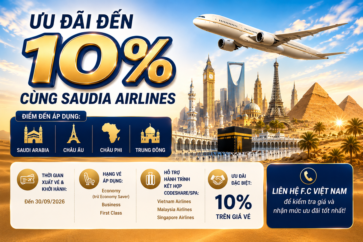 KHỞI HÀNH TỪ VIỆT NAM – ƯU ĐÃI ĐẾN 10% CÙNG SAUDIA AIRLINES