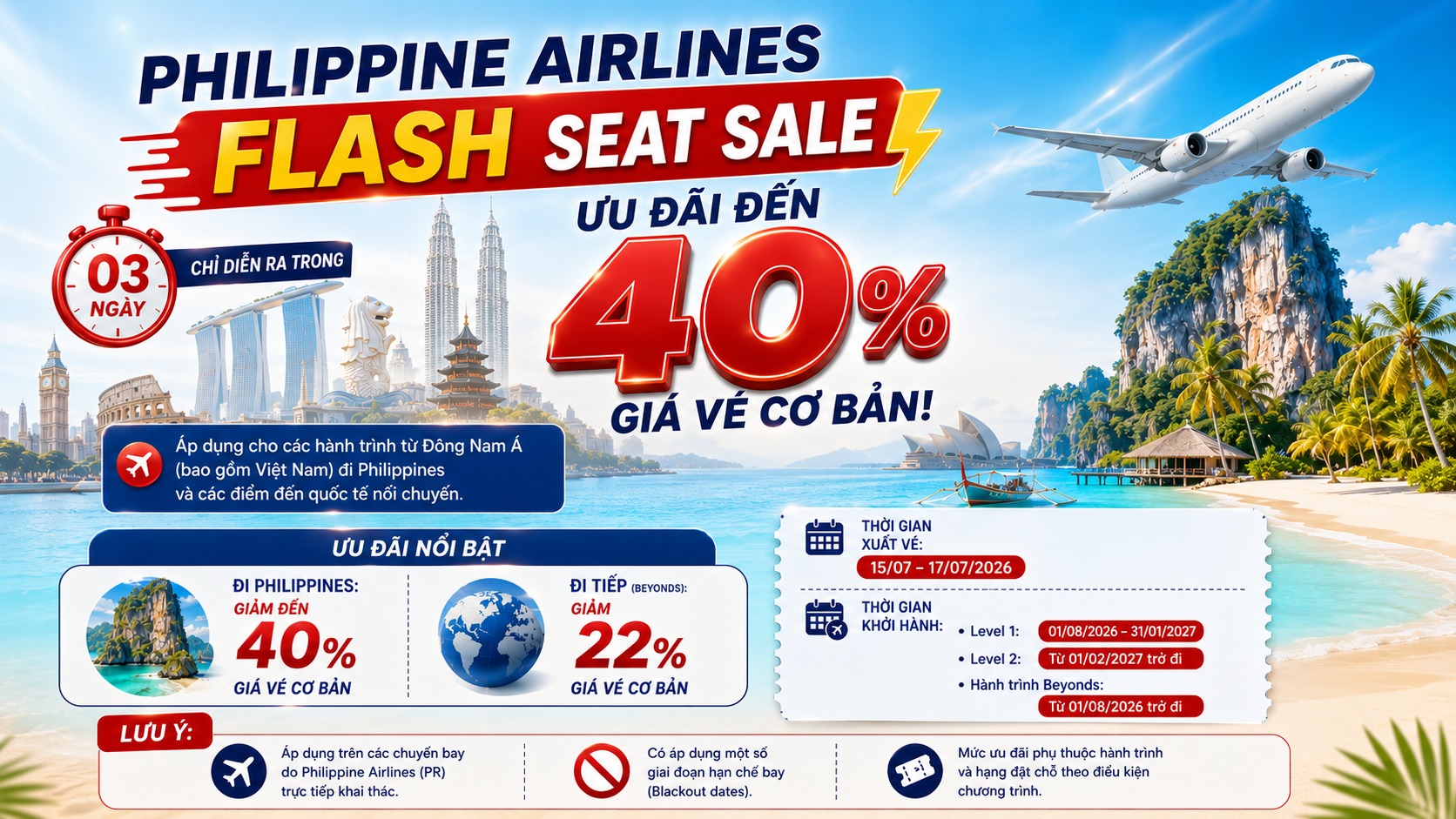 PHILIPPINE AIRLINES FLASH SEAT SALE – ƯU ĐÃI ĐẾN 40% GIÁ VÉ CƠ BẢN!