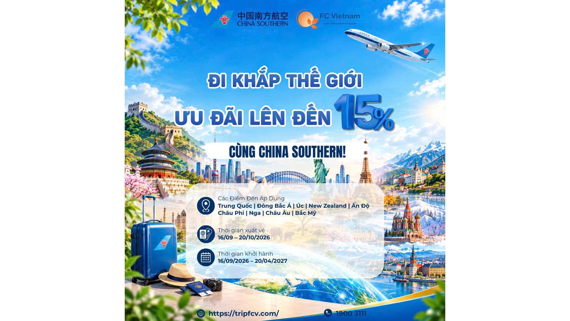 ĐI KHẮP THẾ GIỚI – ƯU ĐÃI ĐẾN 15% CÙNG CHINA SOUTHERN!