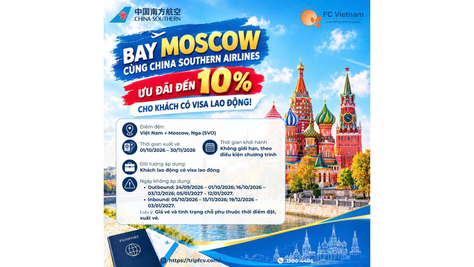 BAY MOSCOW CÙNG CHINA SOUTHERN AIRLINES | ƯU ĐÃI ĐẾN 10% CHO KHÁCH CÓ VISA LAO ĐỘNG!